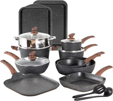 Kitchen Academy 17-Piece Induction Cookware Set with Glass Lids and Granite Coating, including Frying Pans and Pots (Black, 17-Piece)