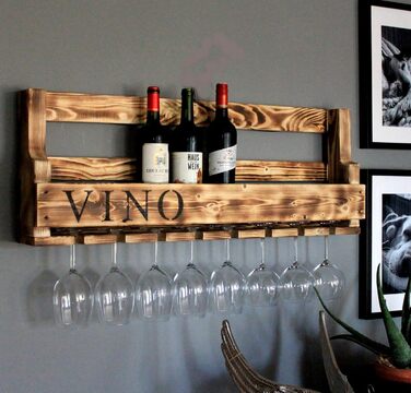 Wooden Wall-Mounted Wine Rack - with Glass Holder and VINO Signage - Charred - Ready to Assemble - Shelf for Wine Bottles and Glasses