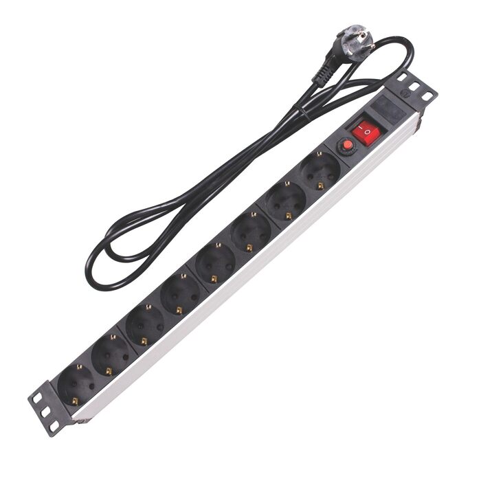 Блок розподілу живлення (PDU) Perel на 8 розеток Schuko Typ F з вимикачем та захистом від перенапруги, кабель 2.15м, 3680 Вт для 19-дюймової стійки, серверної шафи та офісу