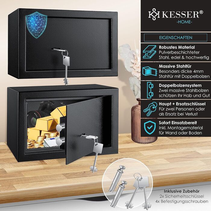 Сейф KESSER для меблів з двобортним замком, чорний, 30x20x20 см, з 2 ключами та кріпленням