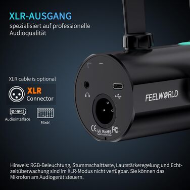 Мікрофон FEELWORLD PM1 XLR/USB з RGB-підсвічуванням для запису подкастів, геймінгу та YouTube. З підсвічуванням RGB, регулятором гучності та навушником.