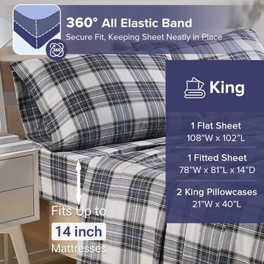 Comfort Spaces Cotton Flannel Sheet Set with Pillowcases, Breathable, Warm, Deep Pocket, for King Size Beds, Blue Tartan, Scottish Plaid Pattern, 4-Piece