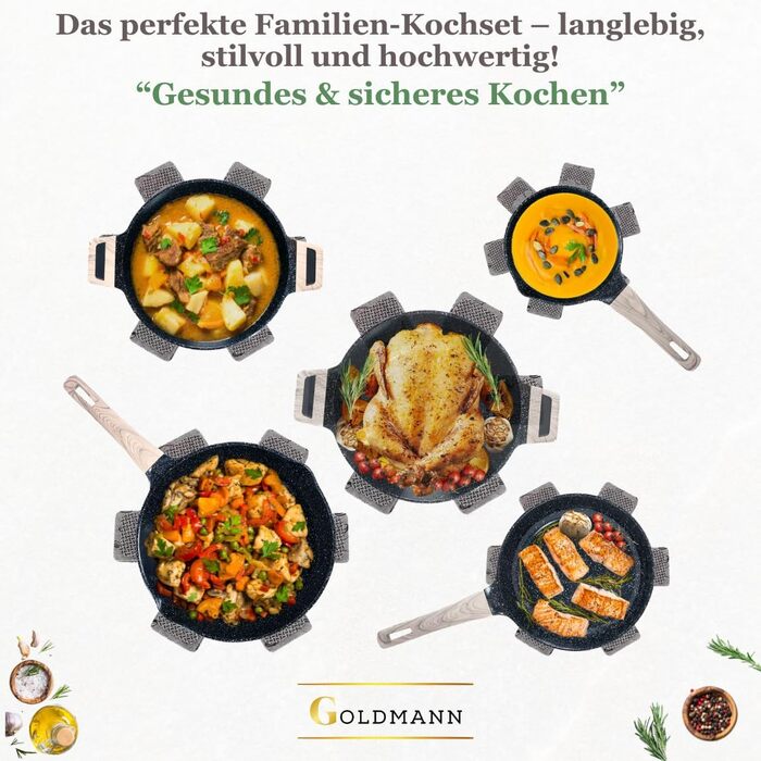 Набір каструль Goldmann 9 шт. з преміум-покриттям – чавунний алюміній з керамічним антипригарним покриттям, підходить для індукційних плит, всіх типів плит, з кришкою з термостійкого скла, для смаження з мінімальним додаванням жиру, стійкий до подряпин, м