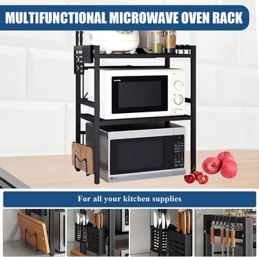 Регульована полиця для мікрохвильової печі, 3-рівнева розширювана стійка, органайзер для кухні з 6 гачками, з вуглецевої сталі, чорний