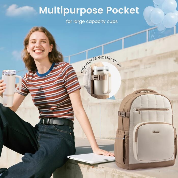 LOVEVOOK Рюкзак для жінок, 15.6 дюймів, легкий шкільний рюкзак для підлітків з відділенням для ноутбука, водонепроникний, рюкзак для школи, подорожей, роботи, університету. Колір: бежевий+хакі