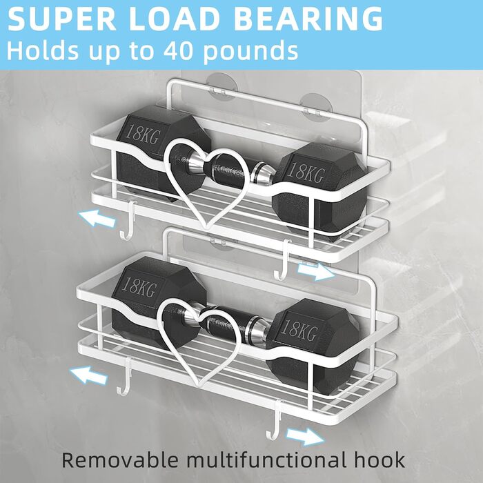 Двосекційна поличка для душу без свердління з 4 гачками, органайзер для шампуню та мила, поличка для ванної кімнати (11.5 см, білий)