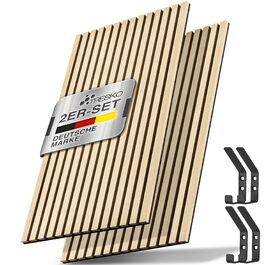 Акустичні панелі TRESKO з дерева 120×60x2,1 см, світлий дуб (2 шт.) — 3D ламельна стіна для шумоізоляції з вішаками для одягу