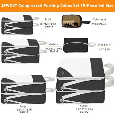 Набір кубиків для пакування 10 шт. Компресійні органайзери для валіз. Компактні, розширювані, чорні. Організація багажу для подорожей
