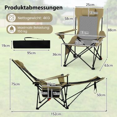 Крісло для кемпінгу та риболовлі Costway з підставкою для ніг, регульованою спинкою, підголівником, тримачем для напоїв та бічною кишенею, складане, хакі