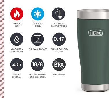 Термос ICON MUG 0,47л, темно-сірий/графітовий мат, келих-термос 470мл, термокружка з нержавіючої сталі, ізотермос, 7 год гаряче / 22 год холодне, придатний для миття в посудомийній машині, абсолютно герметичний, без BPA (470 мл, Сірий / Forest Mat)