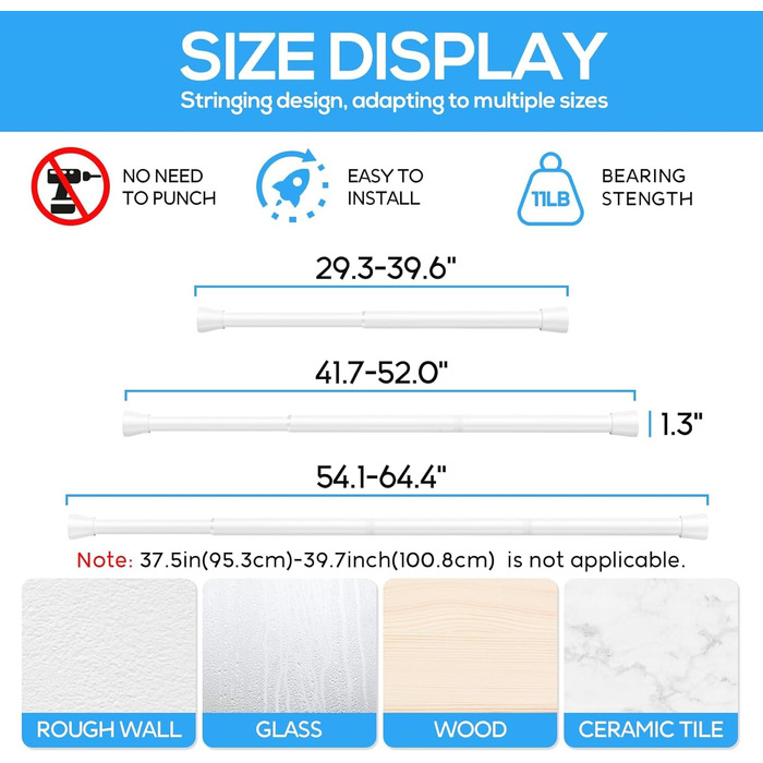 Штанга для карниза без свердління 113-196 см. Телескопічна штанга для душу, штори, регульована для ванної, вікна, кухні, шафи. (76-162 см (4 шт.), білий/Opulenter Garten)