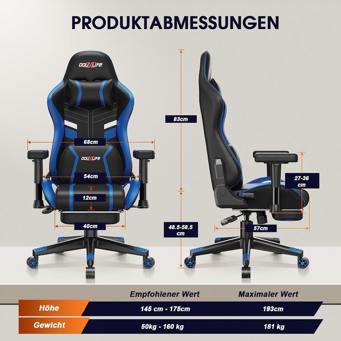 Ігровий крісло Douxlife з масажем та підігрівом, ергономічний офісний стілець з підніжкою, регулювання 90°-175°, підлокітники 2D, для геймерів, PC стілець, 181 кг, блакитний