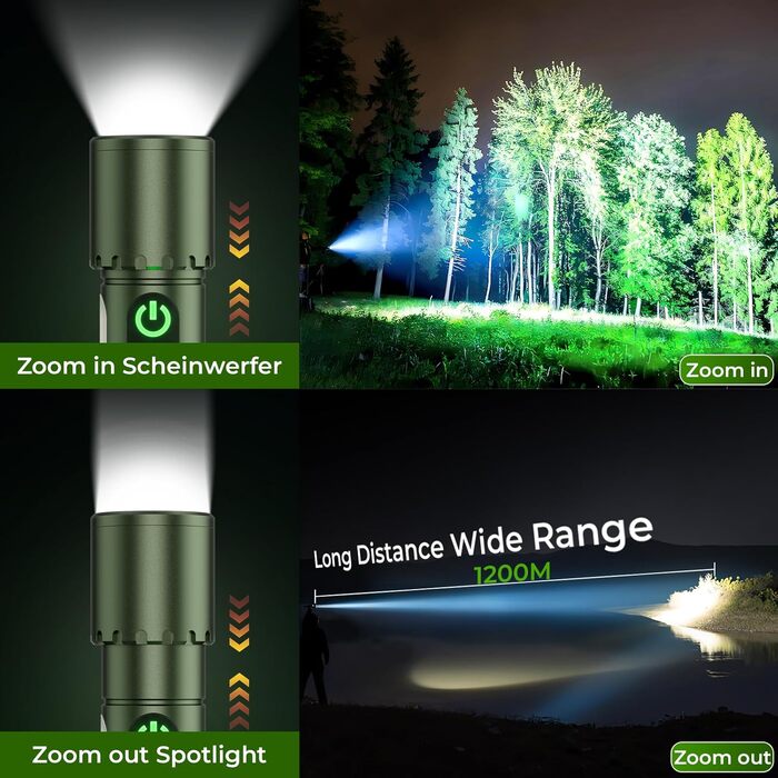 Ліхтарик LED акумуляторний 500000 люмен, 9 режимів, XHP90.2, Zoom, IPX7 водонепроникний, для кемпінгу, походів, надзвичайних ситуацій (зелений)