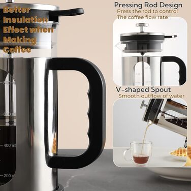 Френч-прес для кави, 1 л, скло Borosilikat, нержавіюча сталь, з багаторазовими фільтрами, портативна кавоварка для кухні, подорожей, кемпінгу