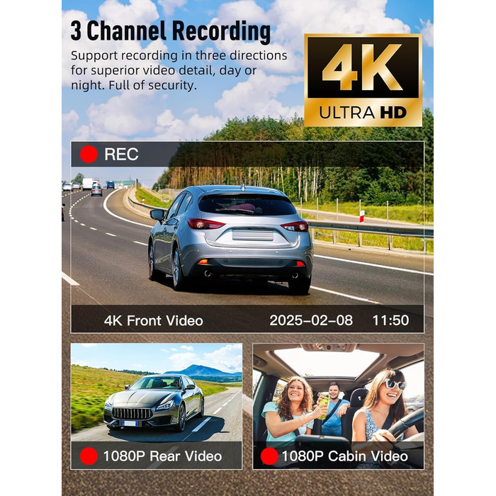 3-канальний автомобільний відеореєстратор 4K+1080P+1080P (передній, задній, салонний), 5GHz WiFi, 3.16