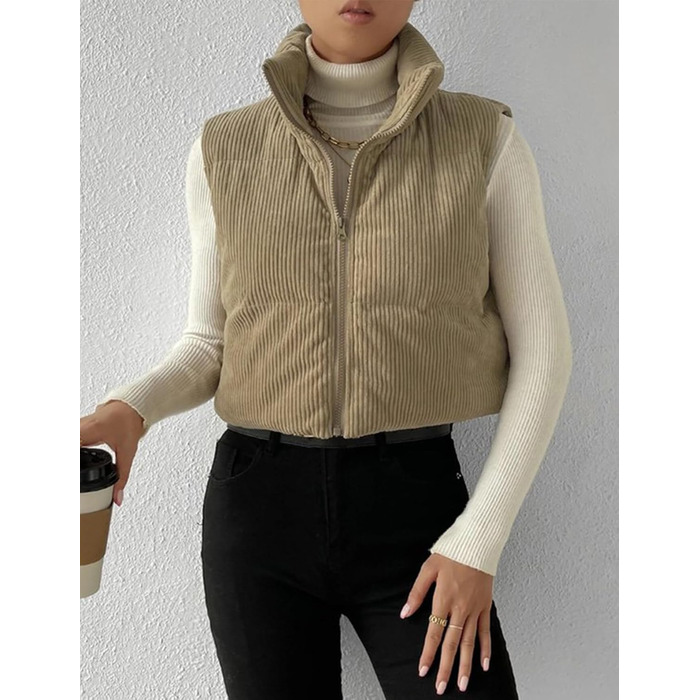 Жіноча куртка Gihuo з наповнювачем Cord, кроп-модель, комір-стійка, застібка на блискавку, стьобані рукави (M, Хакі)