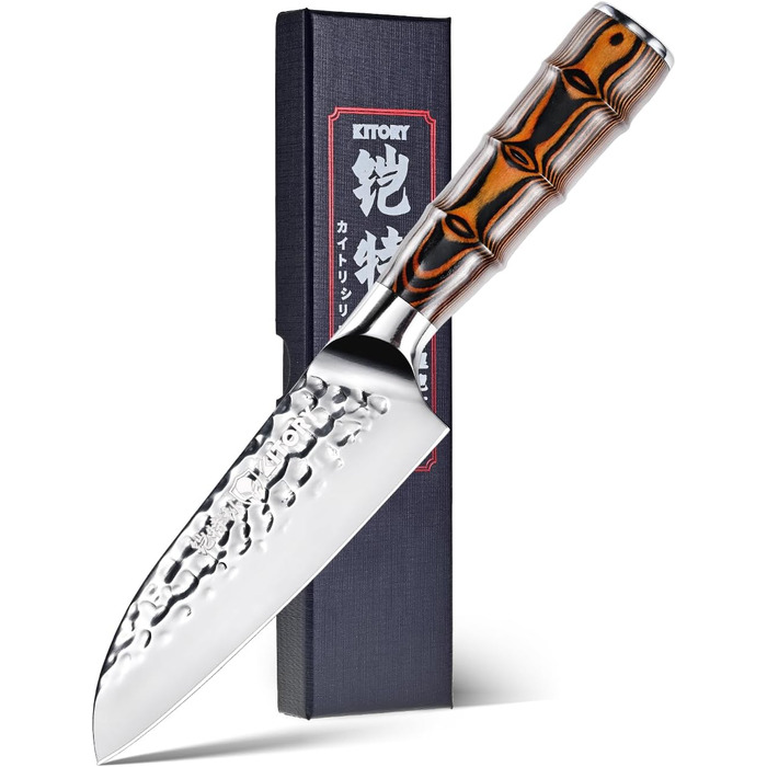 Професійний ніж Santoku Kitory 14 см для суші та кухні з молотильною гострою лезою з вуглецевої нержавіючої сталі та бамбуковою ручкою, у подарунковій коробці