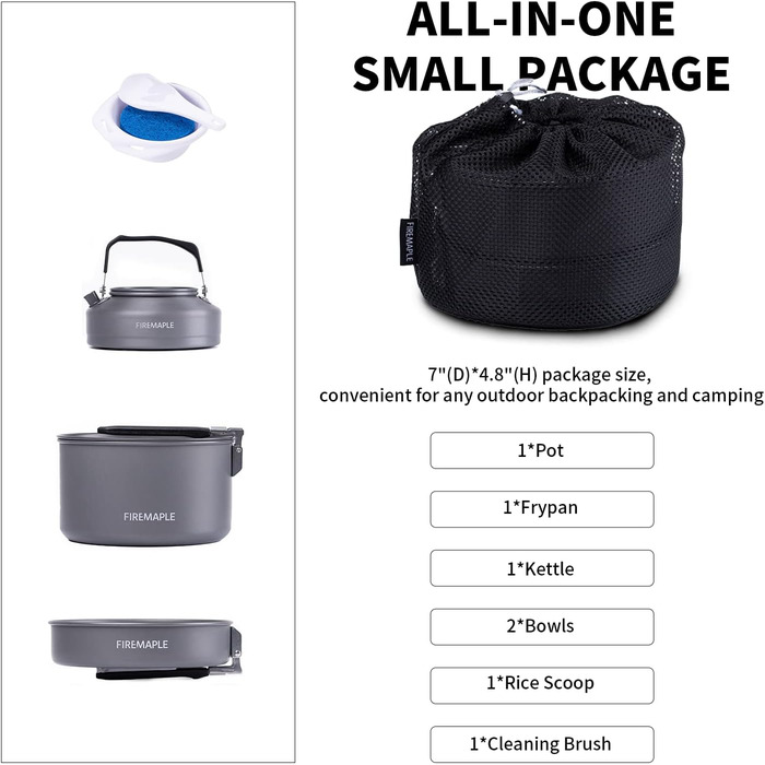Набір кухонного посуду для кемпінгу Fire-Maple Feast 2: каструля, чайник, сковорода, тарілки та лопатка для 1-3 осіб. Ідеально для походів, трекінгу, риболовлі та пікніків. Чорний колір.