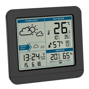 TFA Dostmann digital radio weather station SKY, 35.1152.01, with outdoor sensor, temperature & humidity inside/outside, weather forecast, high/low values, radio clock, 123 x 52 x 117 mm, black