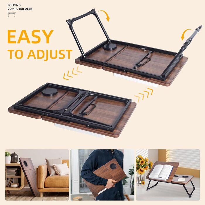 Регульовані дерев'яні столики під коліна для ліжка, письмовий стіл з інтегрованим тримачем для напоїв, горіх