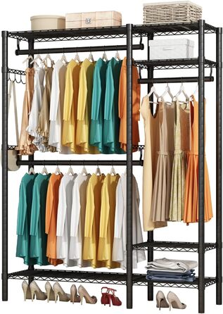 KZOBYD Clothes Rack, Freestanding Clothes Rod with Shelf Metal Wardrobe with Hanging Rods Black Open Clothes Closet with 4 Adjustable Shelves for Coats, Dresses, Shoes