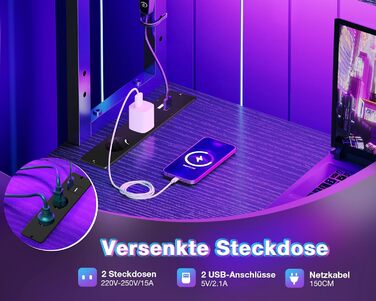 Ігровий стіл Coleshome L-подібної форми з LED-підсвічуванням та розетками, 135 × 100 см. Реверсивний кутовий стіл з полицями для зберігання, з кишенькою для аксесуарів. Чорний колір. Підходить для home office та геймінгу.