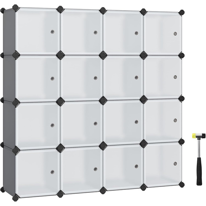 SONGMICS Regal System, Shoe Rack, Set of 16 Cubes, Plastic Wardrobe, with Doors, Plug-in Shelf, Storage for Clothes, Shoes and Books, Easy Assembly, Grey LPC443G01