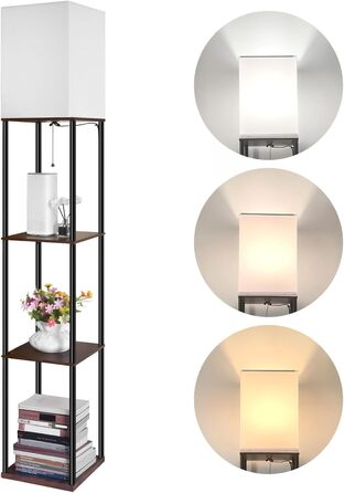 Сучасна торшер BBHome з полицею, регульоване LED освітлення 3 кольорів, 9W, для вітальні, спальні, офісу, дерево, білий/rustikales Braun