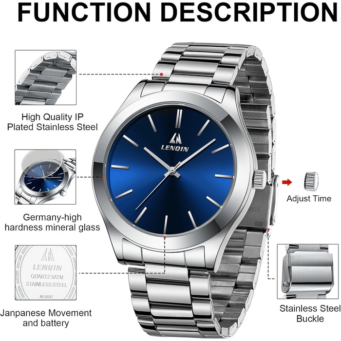 Годинник чоловічий LENQIN з нержавіючої сталі, аналоговий кварцовий годинник, водостійкий 30м, для бізнесу та повсякденного носіння, колір срібно-блакитний