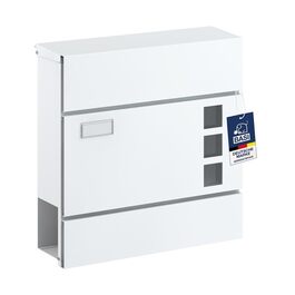 Поштова скринька BASI з м'яким закриттям, вікном для листівок та табличкою для імені | DIN A4 | 2 ключі | вбудований відсік для газет | Біла настінна поштова скринька