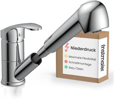 Кухонний змішувач Instmaier Elena з виливним гусаком та душовою насадкою | Хром | З витяжною системою | Змішувач для кухні з 2 режимами струменя | Однорідний змішувач з поворотним виливом (низький тиск)