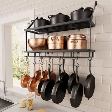 KES Double Kitchen Shelf Pan Holder Kitchen Utensil Holder Kitchen Pan Holder with 12 Hooks Hanging Shelf Pot Wall Shelf 75CM Wall Mounting Matt Black, KUR215S75B-BK