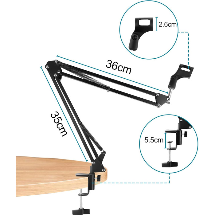 Кріплення для мікрофона на кронштейні, регульоване, чорне, з амортизатором, поп-фільтром, 5 кабельних стяжок. Підходить для запису, подкастів, телевізійних студій