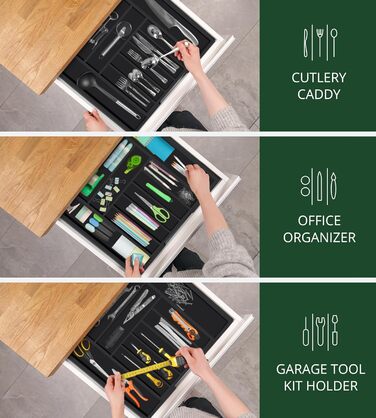 Органайзер для столових приборів ROYAL CRAFT WOOD з бамбука (9 секцій, чорний) - Роздільник для ящиків, тримач для кухонного приладдя