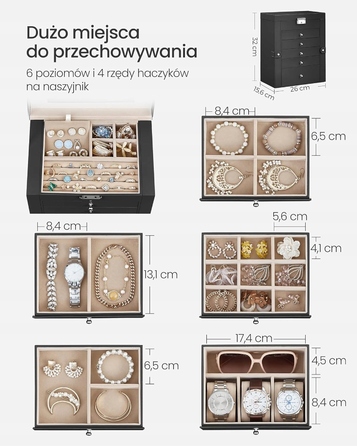 Велика святкова шкатулка для прикрас, чорна, 6 рівнів, з дзеркалом