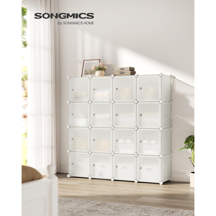 SONGMICS Regal System, Shoe Rack, Set of 16 Cubes, Plastic Closet Organizer with Doors, Modular Shelf, Storage for Clothes, Shoes, and Books, Easy Assembly, LPC443G01 (16 Cubes (123B x 123H cm), Cream White)