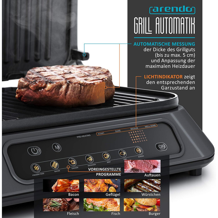 Arendo Electric Grill - Contact Grill, Tabletop Grill & Sandwich Maker with Digital Control - 1900W, 7 Programs, Removable Plates, Stainless Steel