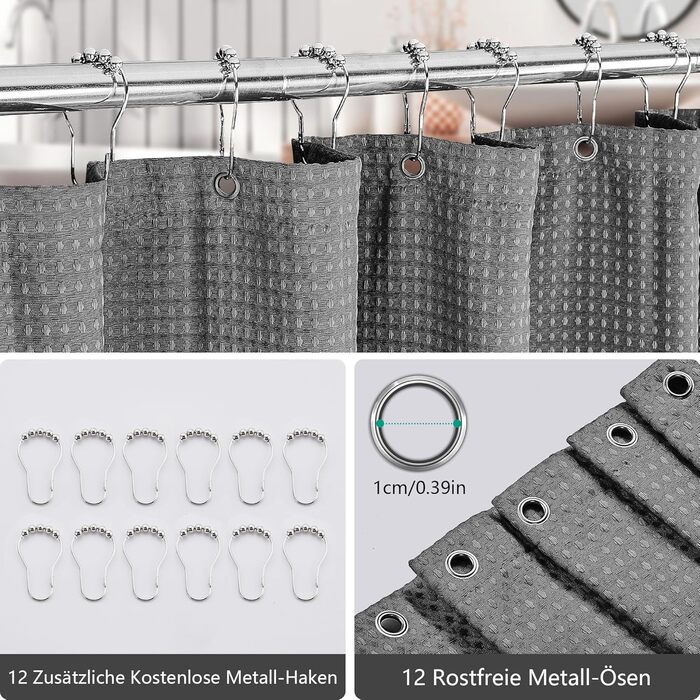 Шторка для душу Waffel з магнітами, текстиль, поліестер, 183x183 см (зелена)