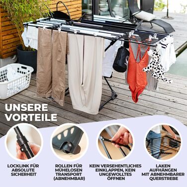 MONDHEIM® Сушарка для білизни XXL, 26 м довжини, чорна, знімний поперечина, для балкону/тераси