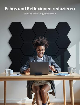 Акустичні гексагональні панелі самоклеючі, 12 шт. Поглинач звуку для студії, вітальні, геймерської зони та офісу, чорні, 30 x 26 x 0,9 см