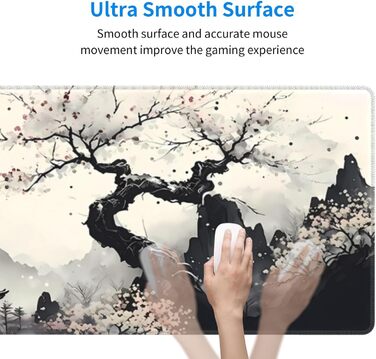 Килимок для миші для геймінгу, чорний, з принтом Канагава, великий, 80 x 30 см, нековзна гумова основа, водонепроникний, з прошитими краями, для геймінгу, офісу, дому
