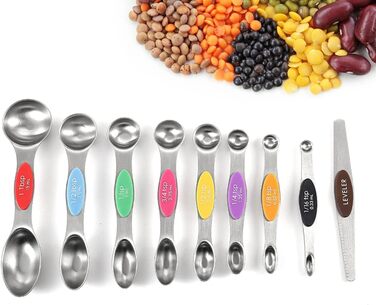 19-Piece Measuring Cup and Spoon Set, includes 10 stackable measuring cups with lids and 9 magnetic measuring spoons, BPA-free, dishwasher safe (multicolored)
