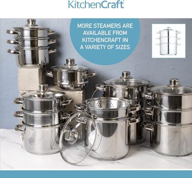 Набір з 3 каструль KitchenCraft з пароваркою, 3-рівневий, з нержавіючої сталі, для індукції, 22 см, сріблястий, у подарунковій коробці