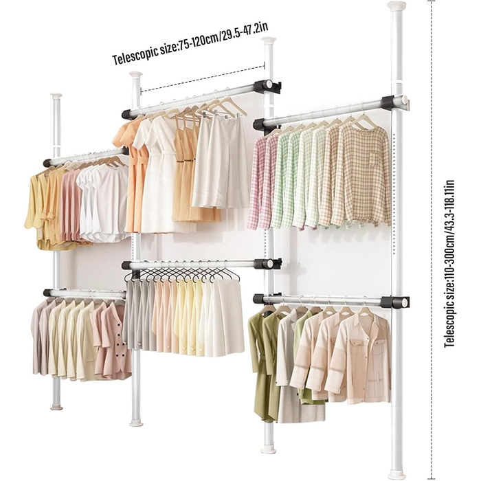 Телескопічна система для гардеробу, штанга для одягу зі 6 штангами, телескопічна шафа для одягу з 2 гачками, регульована полиця 110-300 см, для дому та магазину одягу, білий