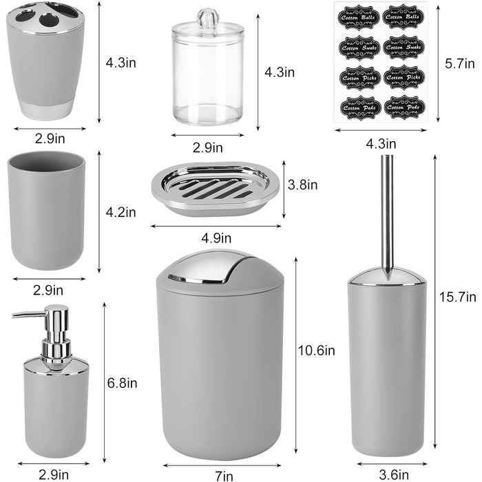 Набір аксесуарів для ванної кімнати Fixwal 8 шт. з пластику (сірий): мülleimer, тримач для зубних щіток, мильниця, диспенсер для мила, тримач для туалетного паперу, диспенсер для ватних паличок