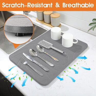 Килимок для сушіння посуду Snuggery, 61 x 40.6 см, сірий, з кремнеземом, швидковисихаючий, антиковзкий