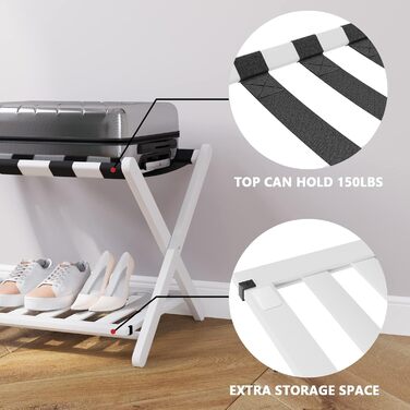 Fully assembled bamboo luggage rack with 5 straps, 2-tier foldable suitcase stand, wide wooden luggage rack, foldable luggage shelves, ideal for guest rooms, bedrooms, hotels, (100% solid bamboo)