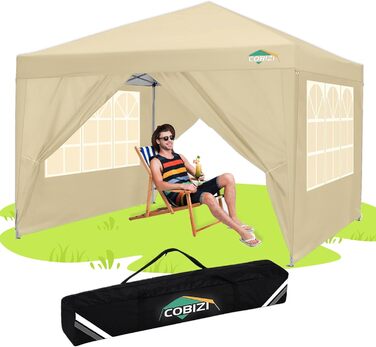 COBIZI Gazebo 3x3 Waterproof, Stable, Winter-Proof Foldable Gazebo 3x3 with 4 Side Walls Outdoor Pop-up Gazebo Folding 3x3m UV Protection 50+ Garden Tent Party Tent Folding Party Tent incl. Bag (Khaki)
