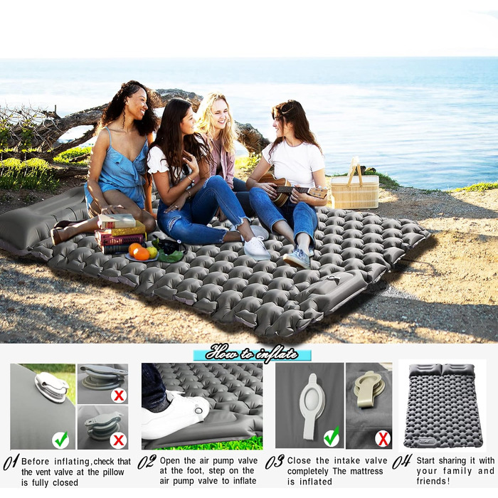 Double Camping Sleeping Pad - Inflatable, Self-Inflating, Ultra-Thick for 2 People with Pillow & Foot Pump - Hiking & Portable