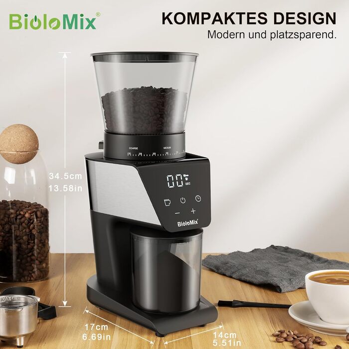 Електрична кавомолка Biolomix з регулюванням помелу, сенсорним дисплеєм та портафільтром